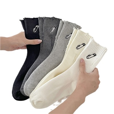 White pin, colored demi-season cotton trend sports knee socks, with embroidery, internet celebrity