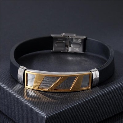 Браслет мужской «Стиль» прямоугольник резной, цвет чёрный с серебряно-золотым, 22 см