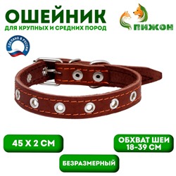 Ошейник кожаный однослойный безразмерный, 45×2 см, ОШ 18-39 см, коричневый