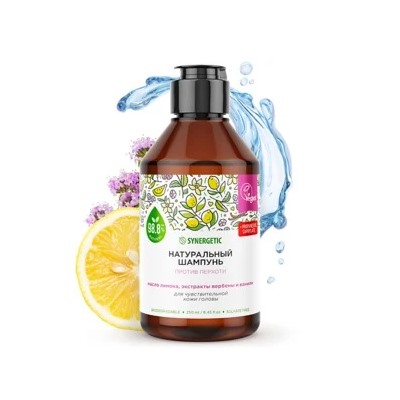 SYNERGETIC Мужской шампунь Против перхоти для чувствительной кожи головы бессульфатный, 250 мл.