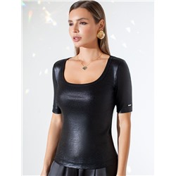 Футболка облегающая из хлопка в рубчик с U вырезом и матовым покрытием металлик