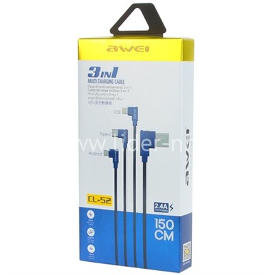 USB кабель 3в1 для iPhone 5/6/6Plus/7/7Plus/micro USB/Type-C 1.5м AWEI CL-52 текстильный (синий)