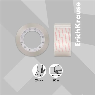 Клейкая лента канцелярская, 24 мм × 20 метра, ErichKrause Clear, прозрачная, в пакете, цена за 1 шт.