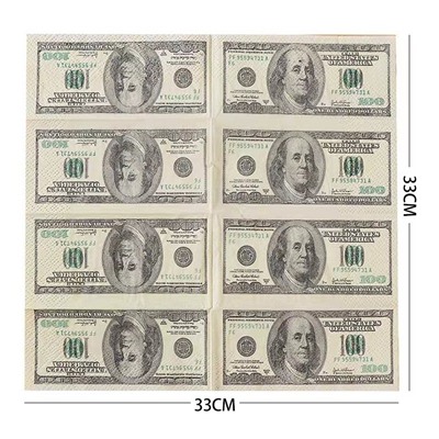 Салфетки сервировочные "ПАЧКА ДОЛЛАРОВ" 3 слоя, 10 штук, 33х33 см.