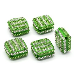 Бусина полимерная со стразами ромб 18*18мм, цв.хрусталь, зеленый (упаковка 5 штук)