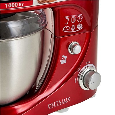 Миксер 1000 Вт с чашей 4 л планетарный многофункциональный DELTA LUX DL-5070Р красный