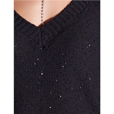 Джемпер с V вырезом и коротким рукавом из хлопковой пряжи с пайетками