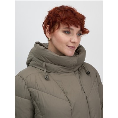 Пальто зимнее утепленное с капюшоном женское светло-коричневого цвета 7628SK