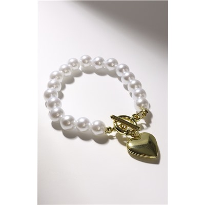 Браслет жемчуг «Сердечко» для фото, шар №10, белый в золоте, L=21 см