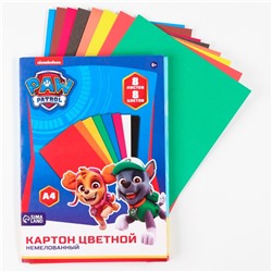 Цветной картон, А4, 8 листов, 8 цветов, немелованный, односторонний, в папке, 220 г/м², «Щенячий патруль»