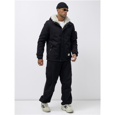 Куртка молодежная мужская зимняя с мехом черного цвета 2611Ch