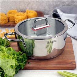 Кастрюля из нержавеющей стали "Tendency" 2,8л, д20см, h9,8см, s0,6мм, дно s2,8мм, плоская стеклянная жаропрочная крышка, пароотвод, стальной обод, капсулированное дно, прутковые ручки из нержавеющей стали на точечной сварке, полировка снаружи - зерка