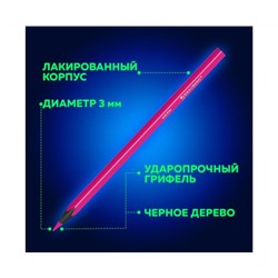 Карандаши цветные BRAUBERG NEON, 12 неоновых цветов, черное дерево, трёхгранные, 181852