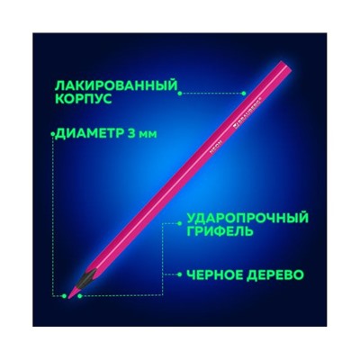 Карандаши цветные BRAUBERG NEON, 12 неоновых цветов, черное дерево, трёхгранные, 181852