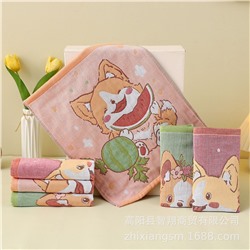 Zhiyang towel, four-layer cotton jacquard gauze corgi puppy square towel, soft absorbent kitchen towel factory price wholesale