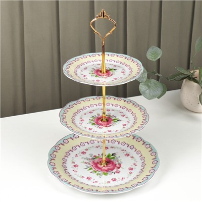 Этажёрка для фруктов и десертов Доляна «Цветочный вальс», 3 яруса, d=15.5/17/23 см, керамика, разноцветная