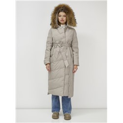 Пальто зимнее женское с мехом енот премиум класса бежевого цвета 3335B