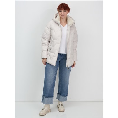 Куртка зимняя женская из овчина стильная и модная бежевого цвета 7309B