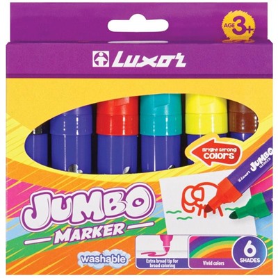 Фломастеры Luxor "Jumbo", 06цв., утолщенные, смываемые, картон, европодвес