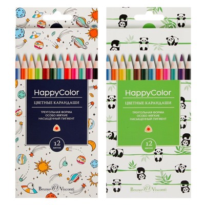 Карандаши цветные 12 цветов BrunoVisconti Happycolor, трёхгранные, МИКС