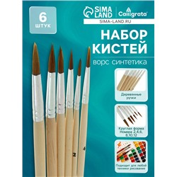 Набор кистей нейлон, круглые, средней жёсткости, 6 штук : №2, 4, 6, 8, 10, 12, с деревянными ручками, в блистере