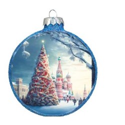 Елочная игрушка стеклянная декорированная "Медальон - Храм Василия Блаженного на синем"