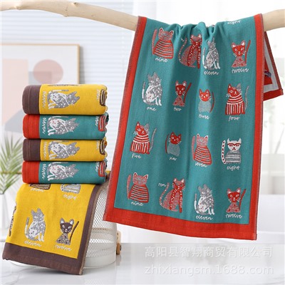 Zhiyang towel four layers of jets, digital cat gauze cotton cotton face towel soft water absorption, face towel factory price wholesale