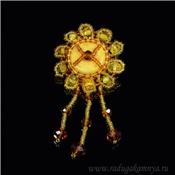 Брошь с янтарём и бисером Подсолнух 38*38мм цв.лимонный