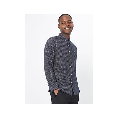 Navy Micro Geometric Print Long Sleeve Shirt
