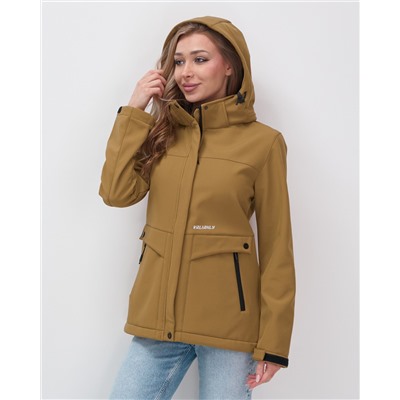 Ветровка спортивная женская с капюшоном softshell горчичного цвета 9566G