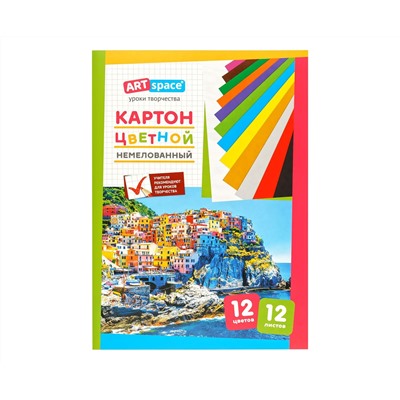 Картон цветной А4, ArtSpace, 12л., 12цв., немелованный, в папке