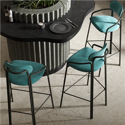 Стул барный Ror, Round, велюр, черный/светло-бирюзовый