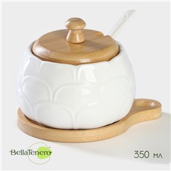 Сахарница с ложкой на бамбуковой подставке BellaTenero, 350 мл, фарфор, белая