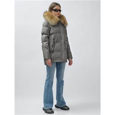 Куртка женская зимняя с мехом енот премиум класса серого цвета 3215Sr