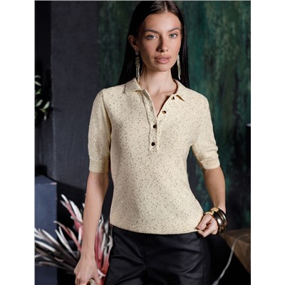 Джемпер поло с застежкой на пуговицы из хлопковой пряжи с пайетками