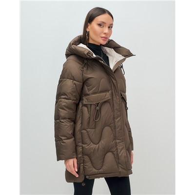 Куртка зимняя женская с капюшоном модная темно-коричневого цвета 7653TK