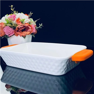 142-143 Прямоугольное блюдо для запекания 31см с силикон.ручками в под.уп.(х8)Фарфор