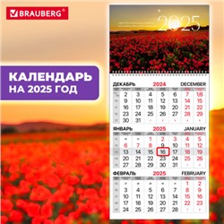 Календарь квартальный на 2025 г., 1 блок, 1 гребень, бегунок, мелованная бумага, BRAUBERG, "Маки", 116129