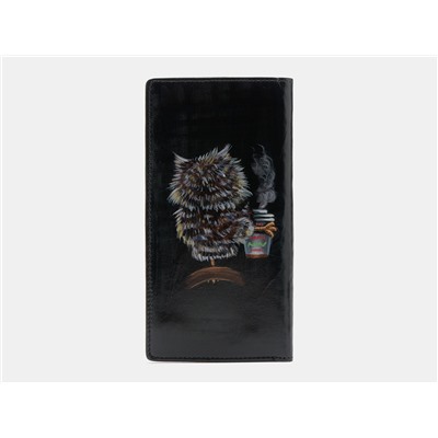 Кожаное портмоне с росписью из натуральной кожи «PR001 Black Утренняя сова 2»