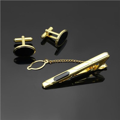 Набор мужской «Запонки + Зажим (6 см) для галстука» овал с эмалью, цвет чёрный в золоте