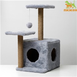 Домик для кошек с когтеточкой, квадратный, 3х-этажный, с двумя окошками, 45 × 47 × 75 см, серая 5089