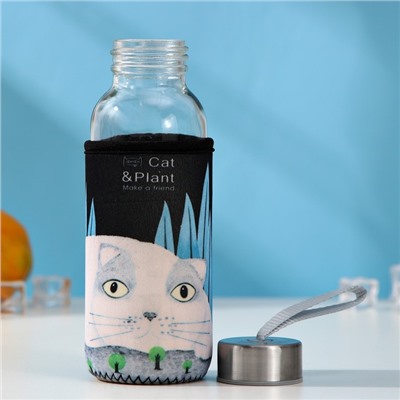Бутылка для воды стеклянная в чехле «Хитрый котик», 300 мл, h=17 см, рисунок МИКС