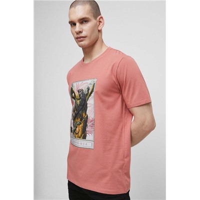 T-shirt bawełniany męski z nadrukiem z domieszką elastanu kolor różowy