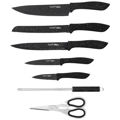 Agness 911-622 набор ножей Agness с ножницами и мусатом на пластиковой подставке, 8 предметов