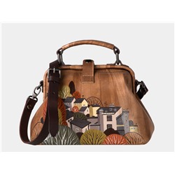 Бежевая кожаная сумка с росписью из натуральной кожи «W0013 Beige Иллюстрация город»