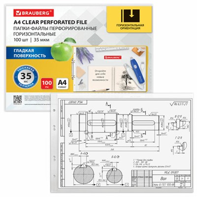 Папки-файлы перфорированные горизонтальной ориентации А4 BRAUBERG, КОМПЛЕКТ 100 шт., 35 мкм, 271829
