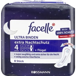 facelle Ultra-Binden extra Nachtschutz mit Flügeln 8st, фасель Прокладки Ультравпитывающие Ночные с крылышками 8шт.