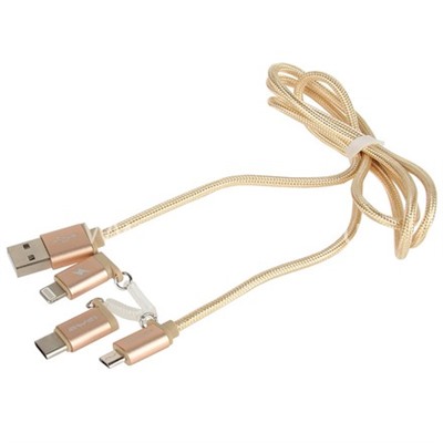 USB кабель 3в1 для iPhone 5/6/6Plus/7/7Plus/micro USB/Type-C 1.0м AWEI CL-990 текстильный (золото)