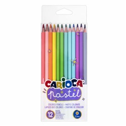 Карандаши цветные пастельные CARIOCA "Pastel", 12 цветов, ПВХ-чехол, шестигранные, грифель 3,3 мм, натуральное дерево, 43034