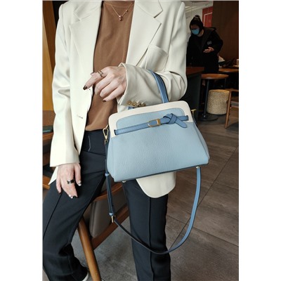 Кожаная женская сумка-портфель, цвет голубой с молочным